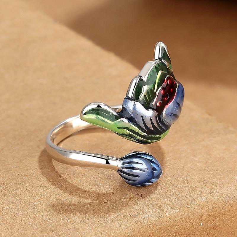 Retro Court Blue Enamel Lotus Ring Women 'S National Tide National Wind Drops Craftsmanship Individual Jewelry
