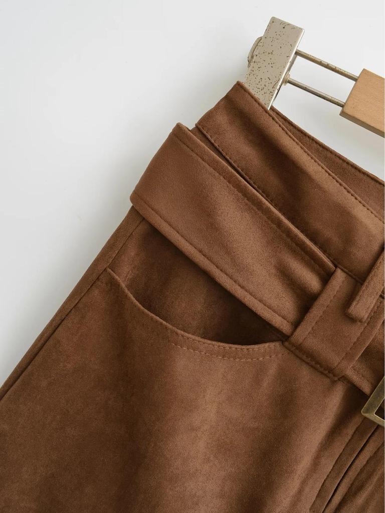 Women's Suede Plush Belted Pencil Skirt - Autumn/Winter Collection