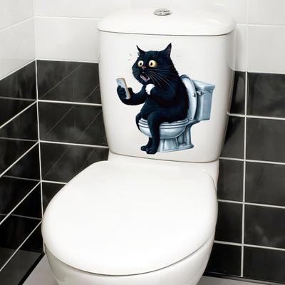 Katzen-Toilettenaufkleber Wasserdichte Toilettendeckel-Aufkleber Cartoon Schwarze Katze Toilettensitz-Abdeckung Aufkleber für Badezimmer Toilette Tür Wand Dekor