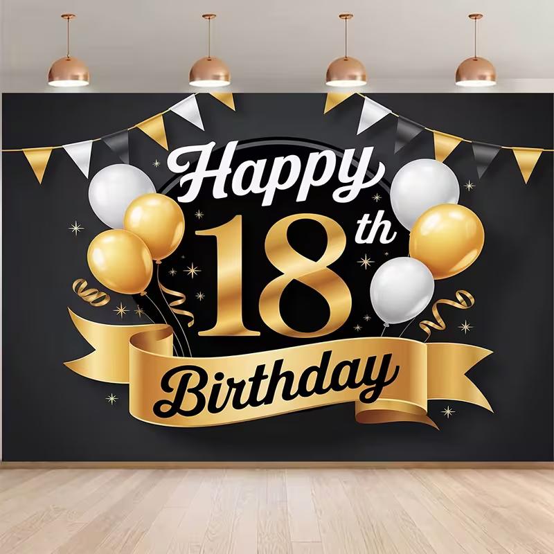 2D Elegant Black Gold 18th Happy Birthday Background Cloth with Ribbon Banner