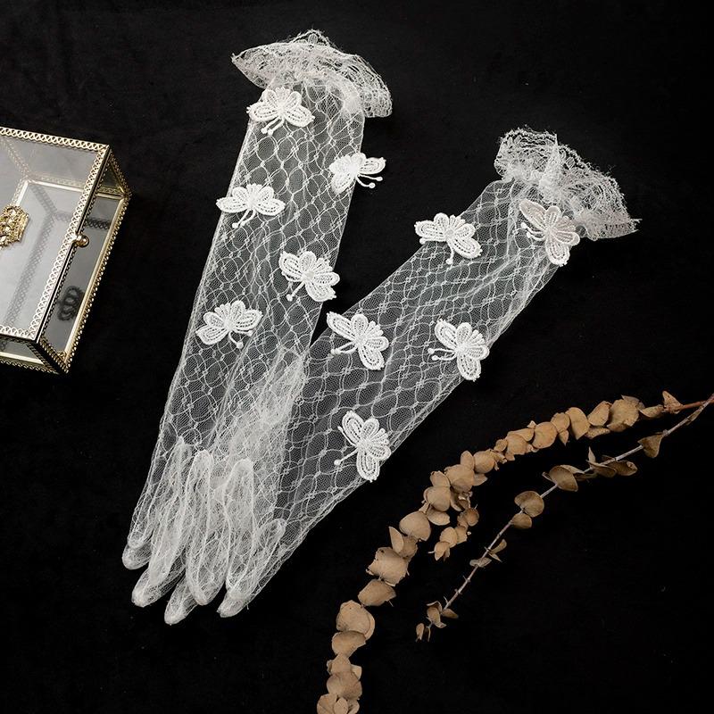 White Lace Flower Mesh Gloves for Bridal Wedding or Party Photos