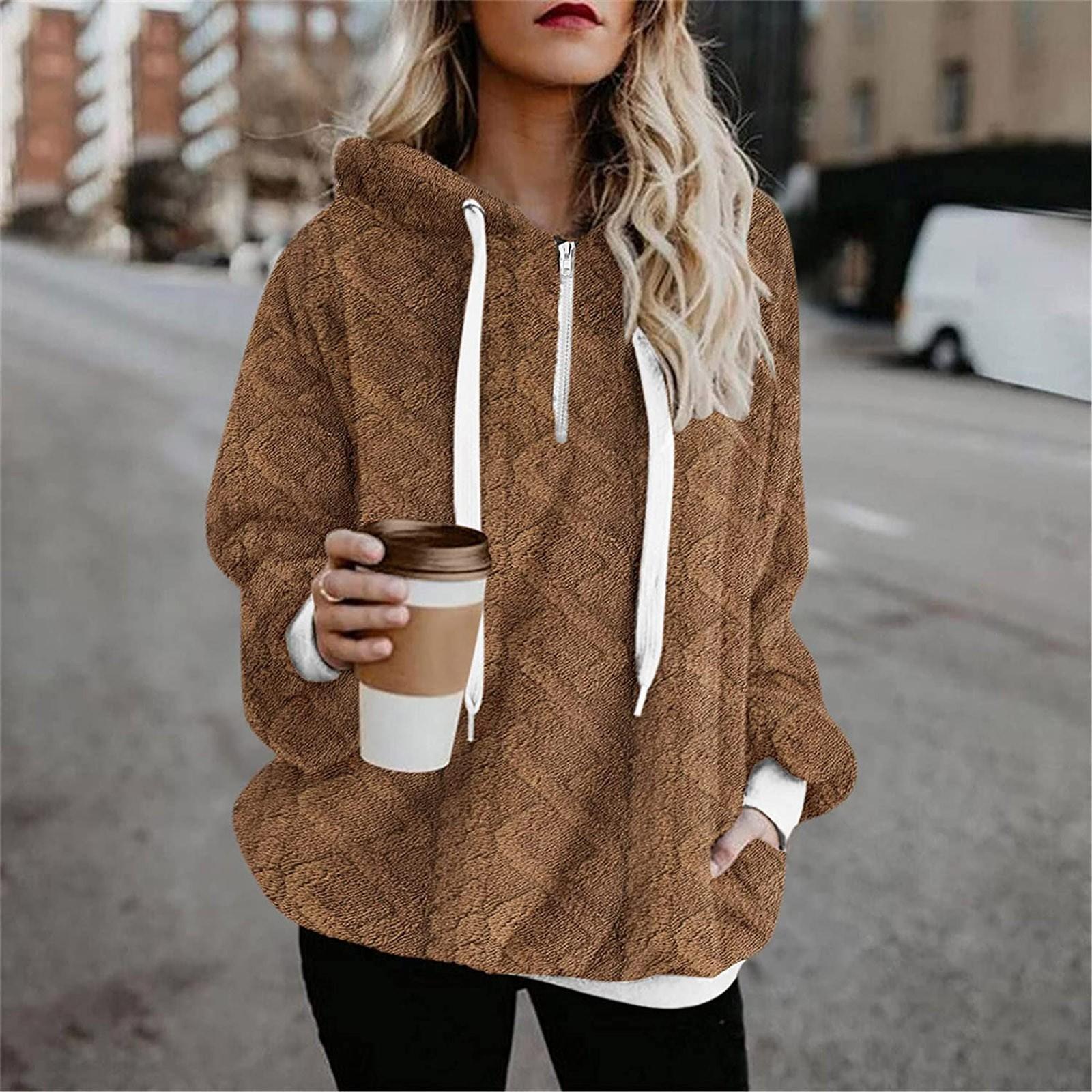 

Women s Winter Casual Fashion Loose Plush Print Drawstring Hooded Jacket S хакі