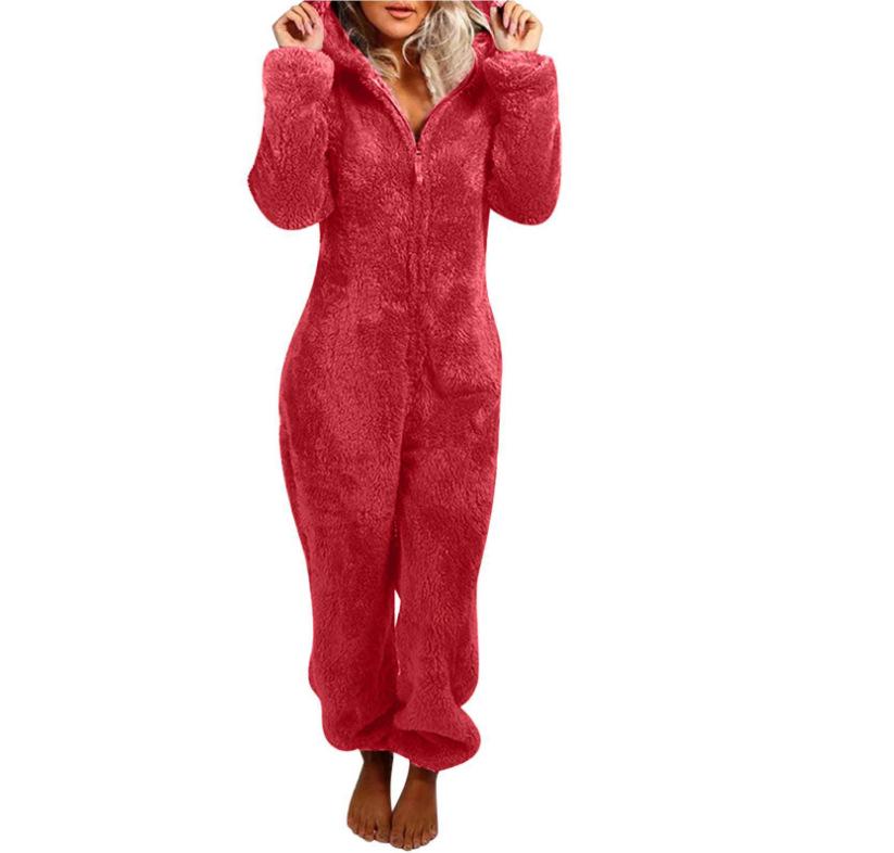 2024 Trendy Europese & Amerikaanse Fleece-Gevoerde Hooded Jumpsuit Pyjama voor Dames