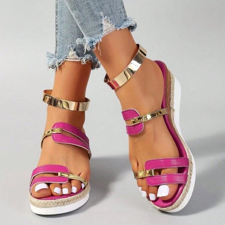 Fashion Ankle Strap Sandals for Women Casual Wedges Mid Heels Shoes for Women Solid Leather Slip On Summer Shoes Plus Size