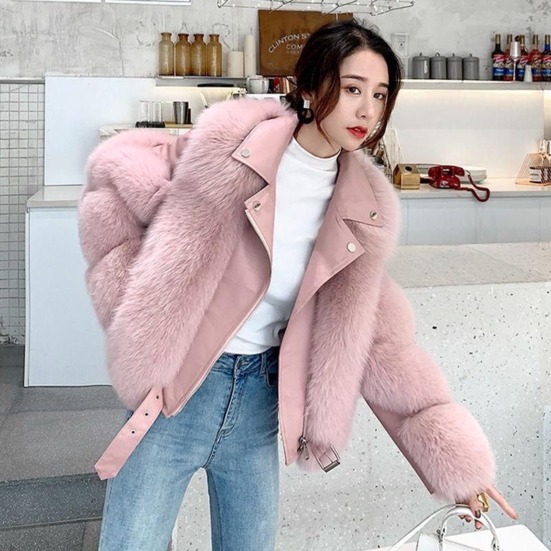 

Whole leather imitation fox fur imitation fur jacket women s locomotive short thin imitation fur coat S розовый