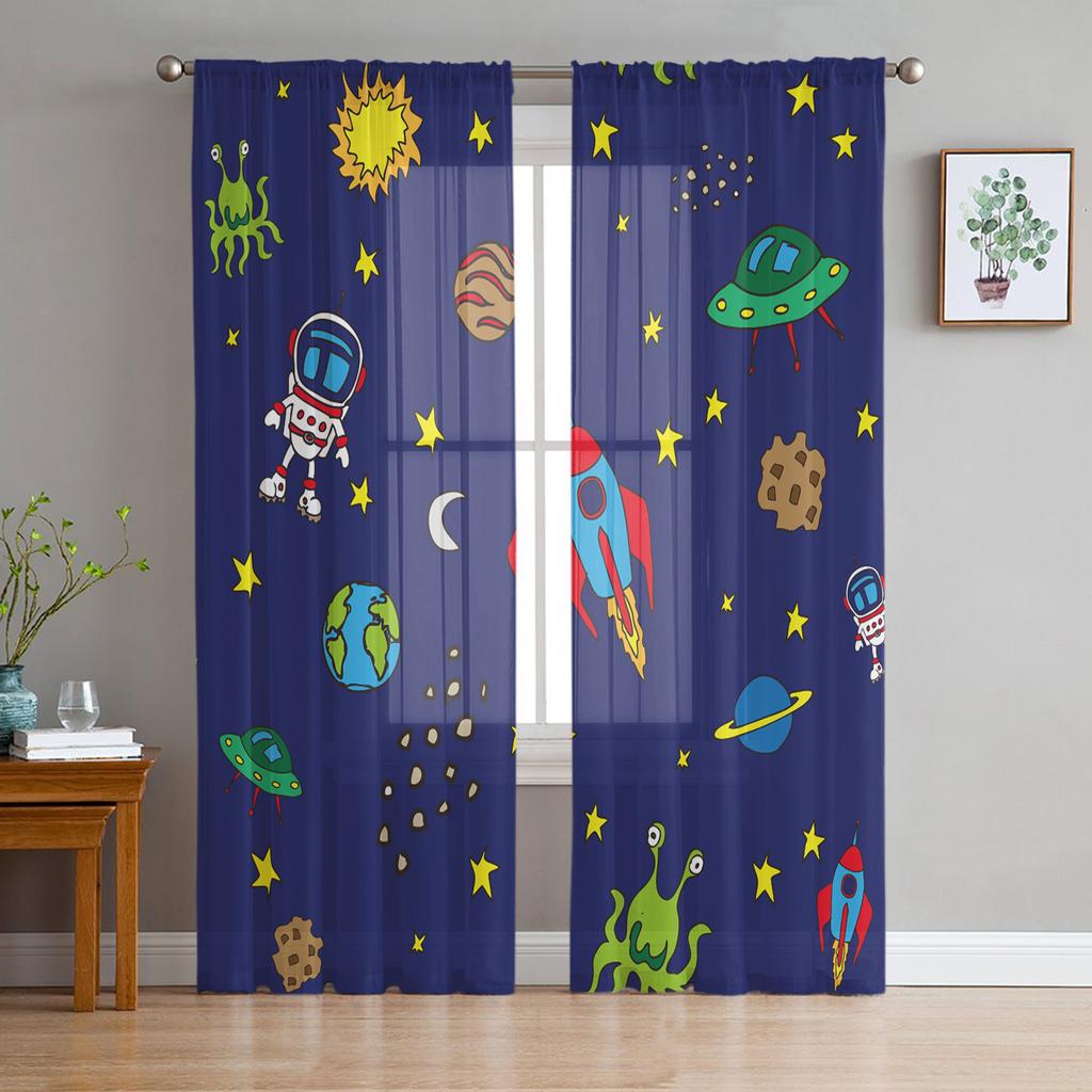 Space Astronaut Rocket Moon Planet Sheer Curtains for Living Room Decoration Window Curtains Kitchen Tulle Voile Curtains