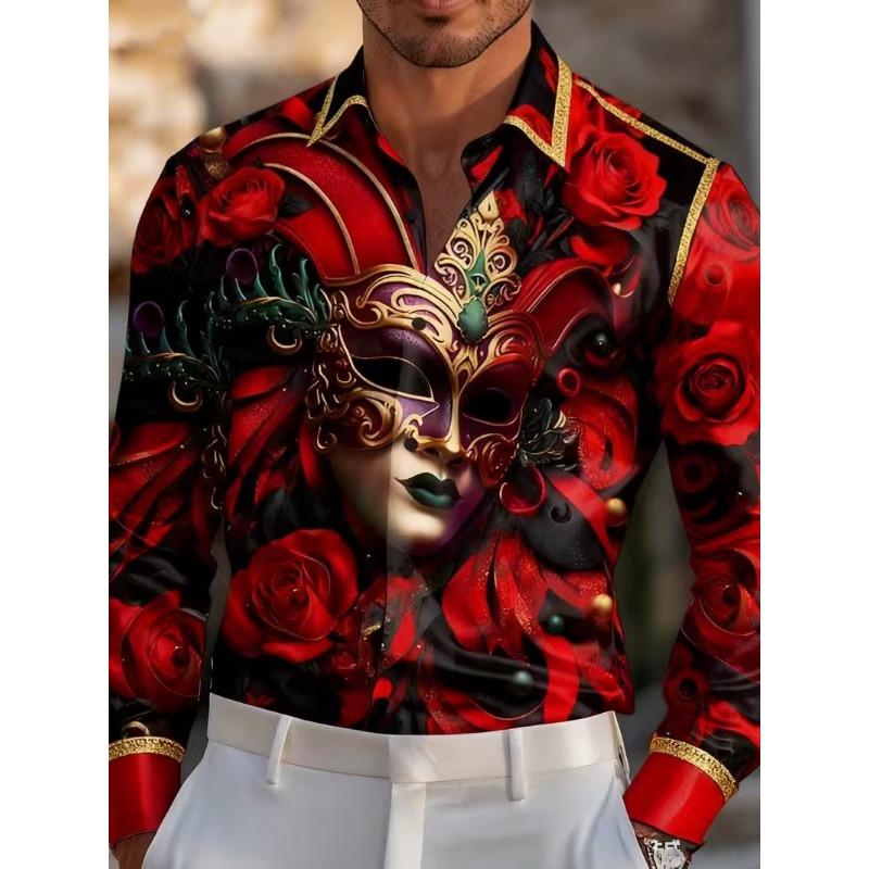 Pink Gold Venice Mask Rose Print 3D Flower Men's Long Sleeve Shirt Light Luxury Slimming Casual Shirt