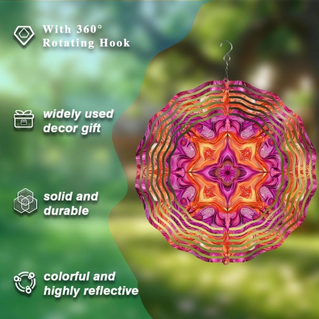 Metal Wind Chime Mandala Outdoor Garden Decor - Rustic Wind-Powered Spinner with Vibrant Purple Pink Orange Golden Accents