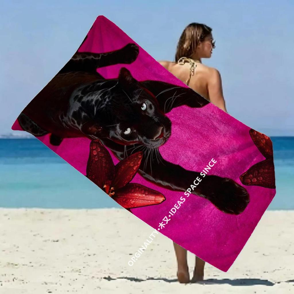 Panther & Lily Print Beach Towel Patterned Sunscreen And Windproof Suitable For Swimming Pool Camping Travel
