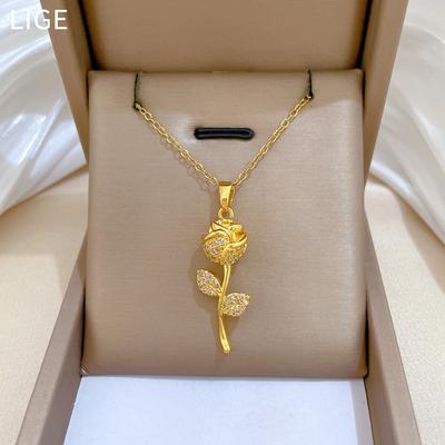 Titanium Steel, Rose Full Diamond Light Luxury Temperament Gorgeous Full Diamond Necklace Female Versatile Collarbone Chain Titanium Steel Chain