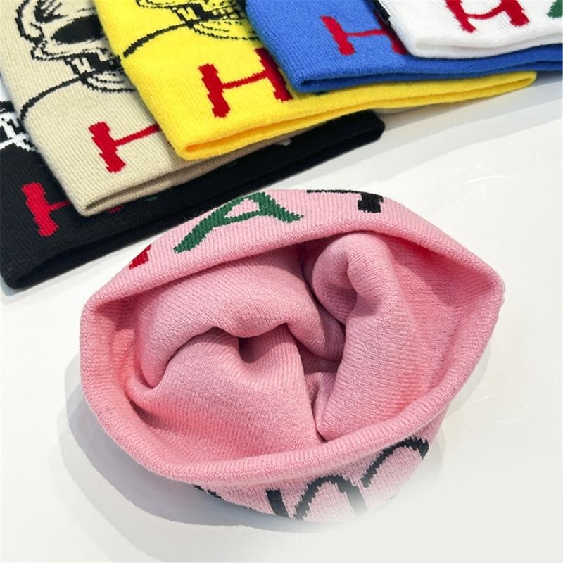 Teens Elastic Beanie Knit Skull Caps with Jacquard Skull&Rose Pattern Skiing Hat