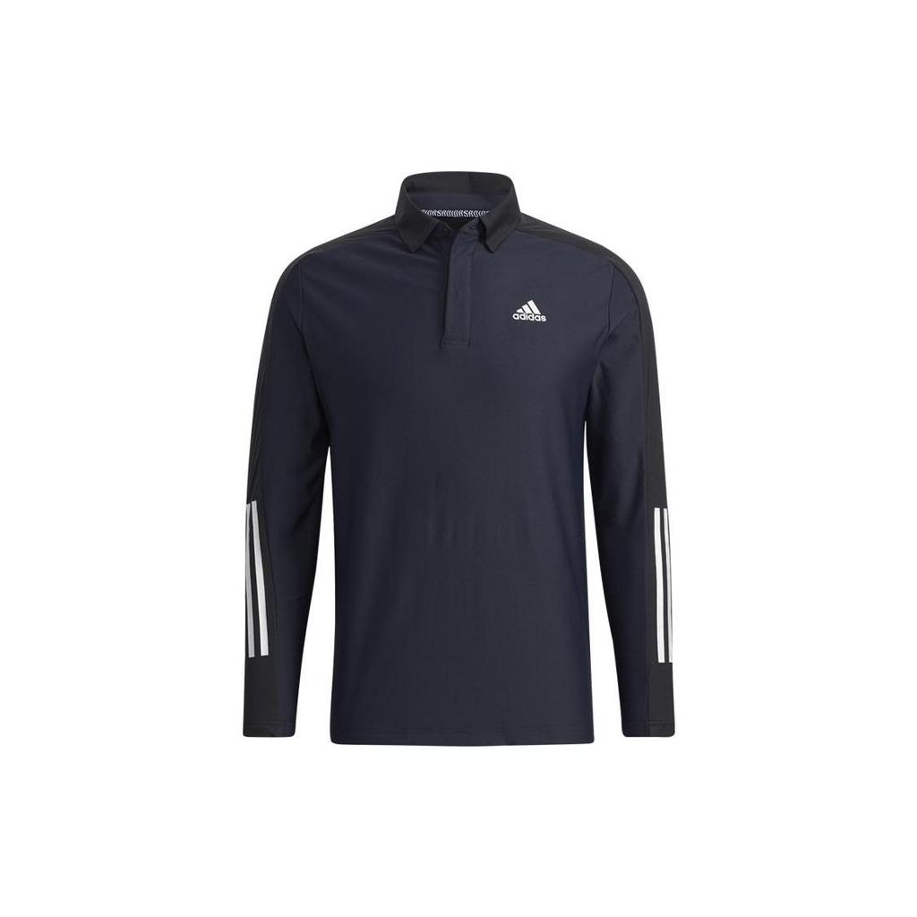 Adidas Solid Color Logo Stripe Fleece-Lined Long Sleeve Golf Polo Men Tops Black GT3424
