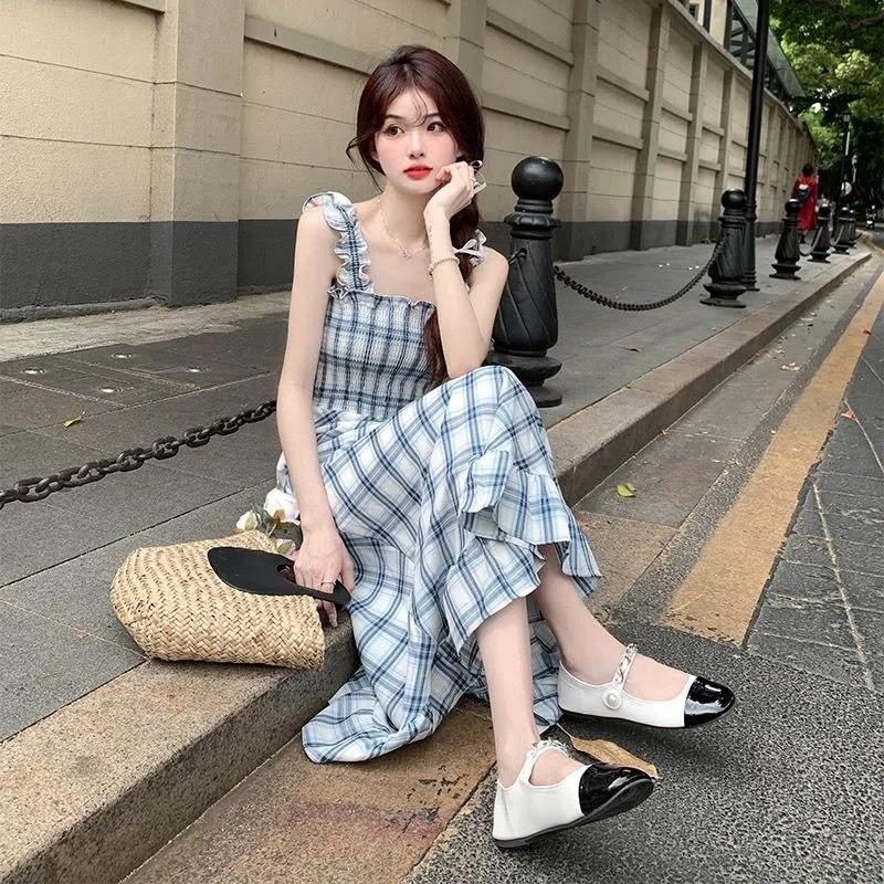French Sweet and Gentle Style Plaid Suspender Dress Women's Summer New Retro Sleeveless Waist Coffee Break Medium and Long Dress