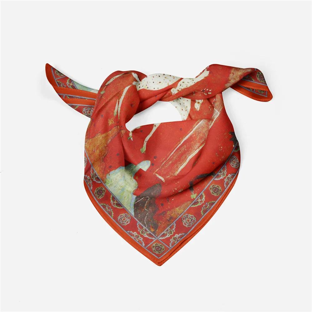 Twill Silk Scarf Woman Deer Painting Square Scarves Wraps Bandana Small Hijab Silk Foulards Tie Headband Neckerchief 53Cm