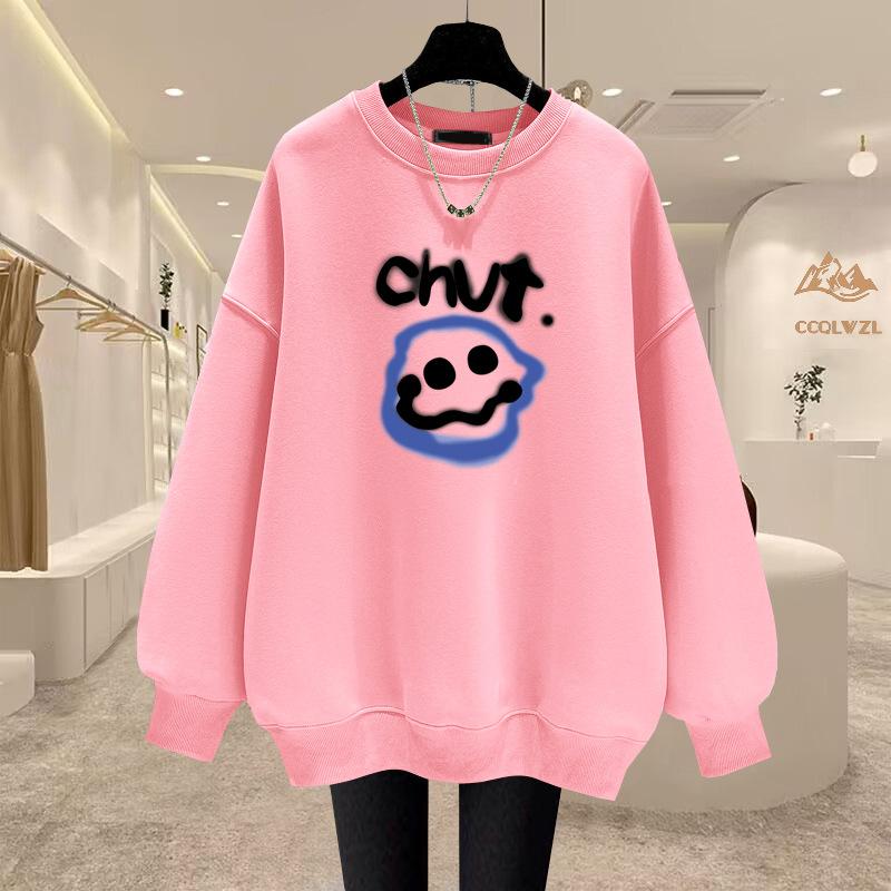 

American high-end pure cotton casual sweater autumn and winter new Korean version velvet thickened long-sleeved women s clothing XXXXL