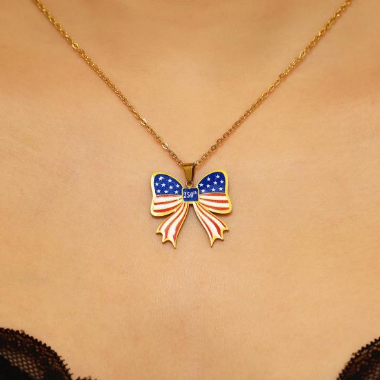 Yousheng 250th Anniversary Jewelry Set, USA Flag Pattern Bowknot Stud Earrings, Adjustable Fit Choker Necklace, Independence Day Commemorative Bow