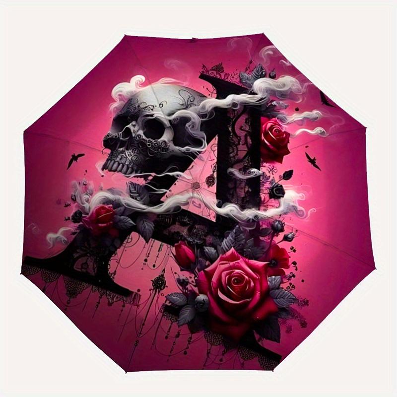 1pc A Skull Roses and Lace in Dark Pink Pattern Umbrella, Fashionable, Personalized, High-Value Folding Umbrella, a Must-Have for Summer, 8-Rib D