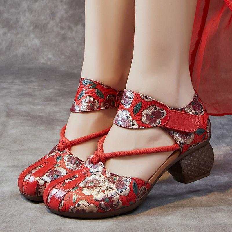 Johnature Letní dámské boty etnického stylu z pravé kůže, embosované, s tlustým podpatkem, s měkkou podrážkou, vintage sandály