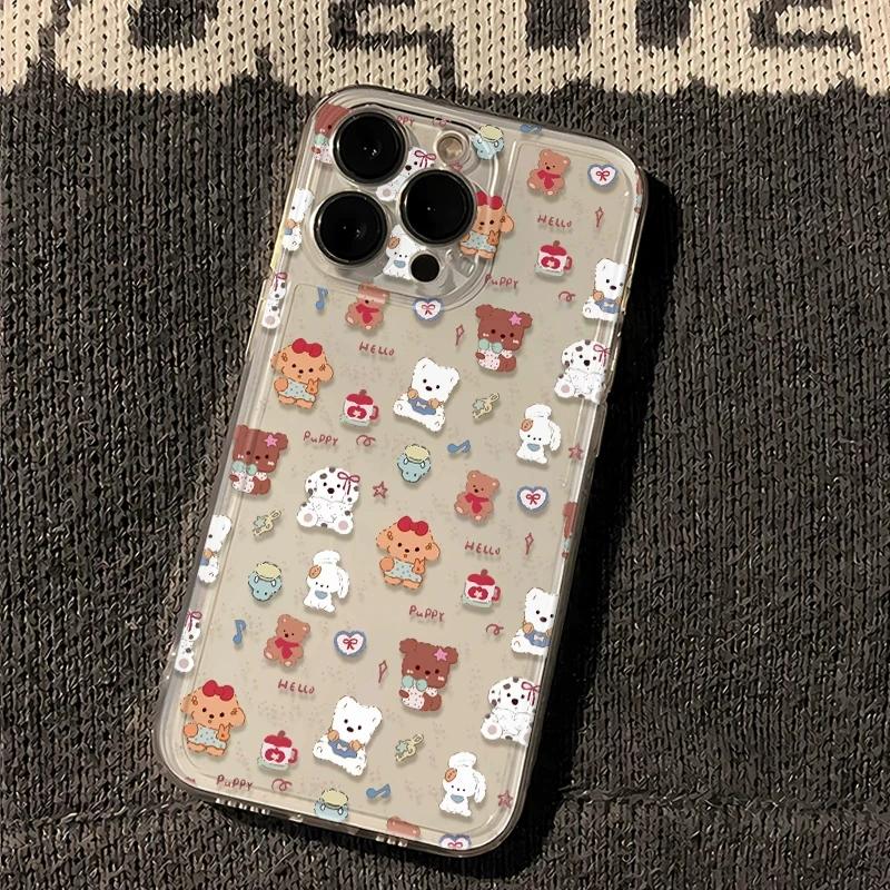 Cute Kawaii Cartoon Bear Puppy Clear Phone Case, Soft Pastel Aesthetic Shockproof Protective Cover for iPhone