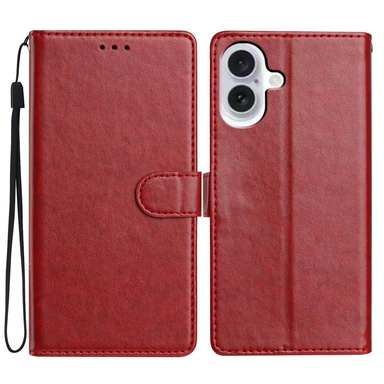 

For iPhone 16 Leather Phone Case Wallet Stand Cover with Handy Strap Red