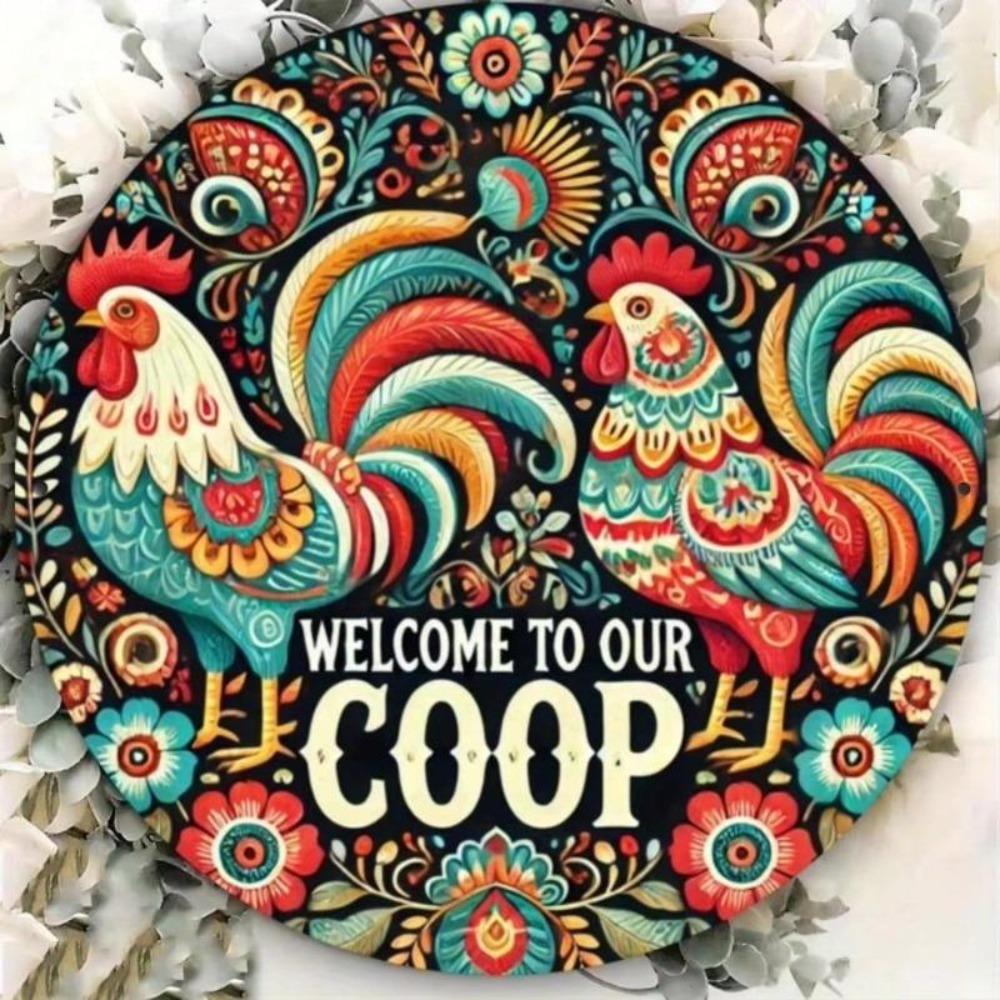 Vintage Style Round Metal Tin Sign 20x20cm Farmhouse Chicken Cage Wall Decor