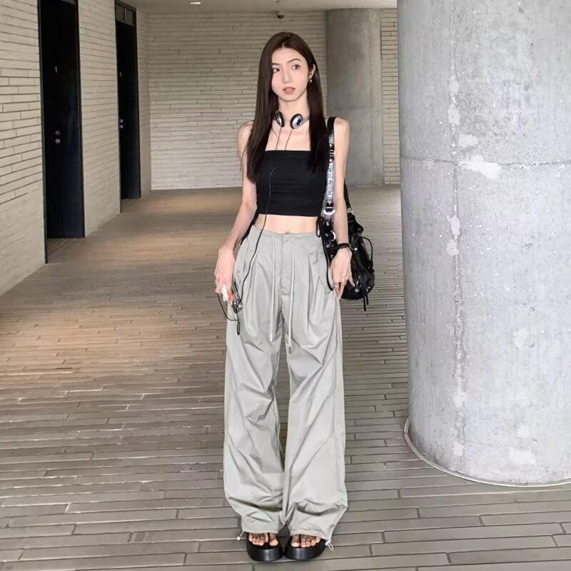 

Women s High-Waisted Parachute Cargo Pants - Lightweight, Quick-Drying, Wide-Leg Casual Sportswear for Spring/Summer. 3XL светло-серый