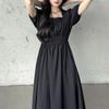 Women Summer Dress Square Neck Bubble Sleeve Pleated Shirring Elastic Bust Short Sleeve A-line Loose Hem Vintage Mic-calf Length Midi Dress