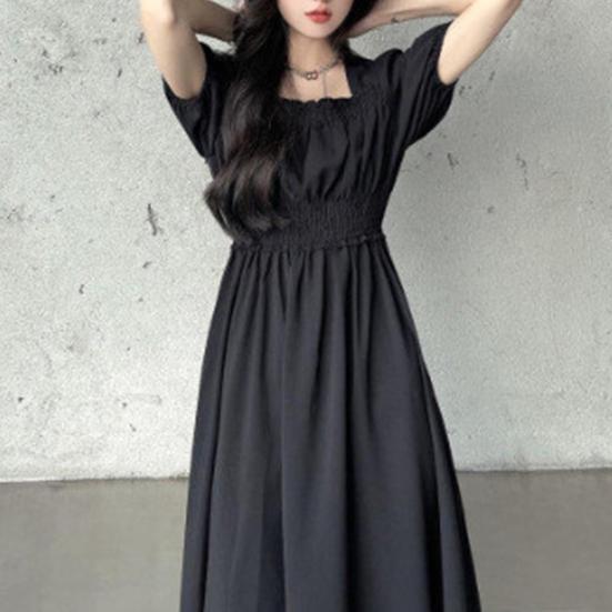 Women Summer Dress Square Neck Bubble Sleeve Pleated Shirring Elastic Bust Short Sleeve A-line Loose Hem Vintage Mic-calf Length Midi Dress