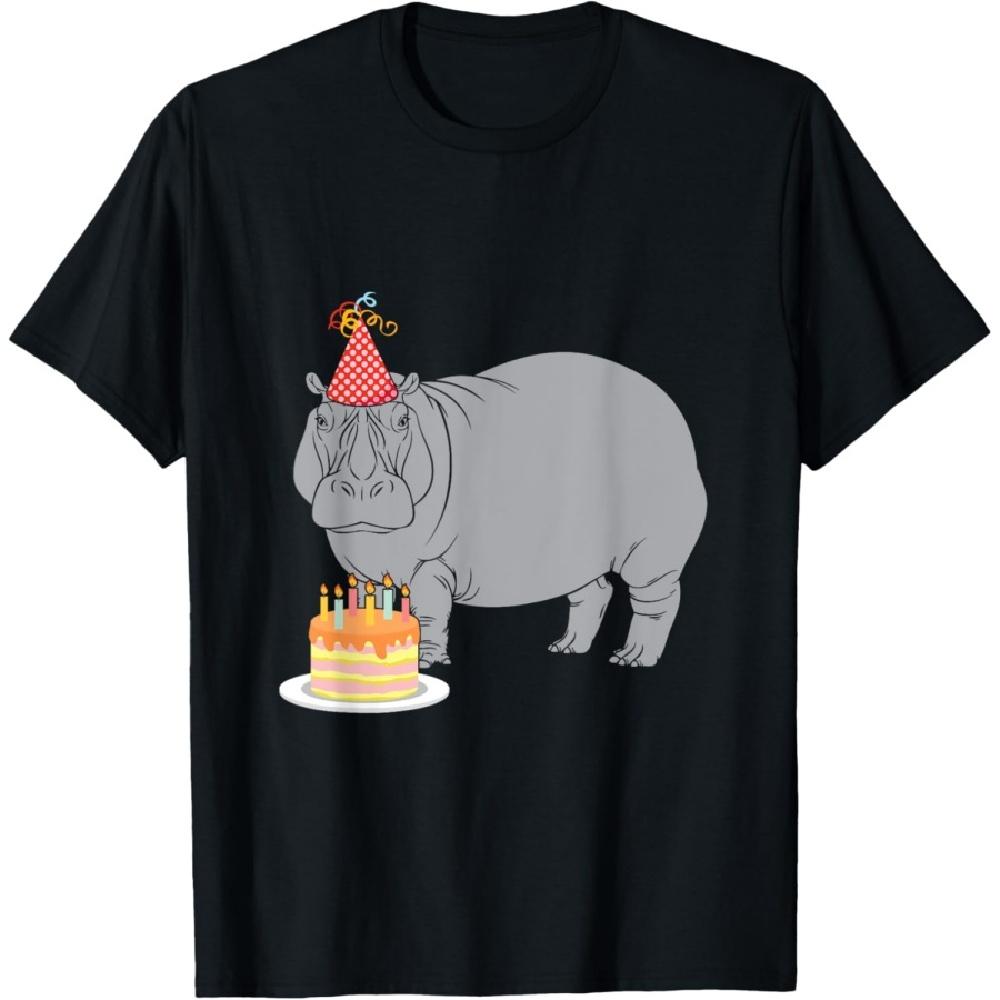

С Днем Рождения Бегемот Зоопарк Любитель Животных Праздничная Шляпа Свечи на Торте Футболка XXXXXL чёрный
