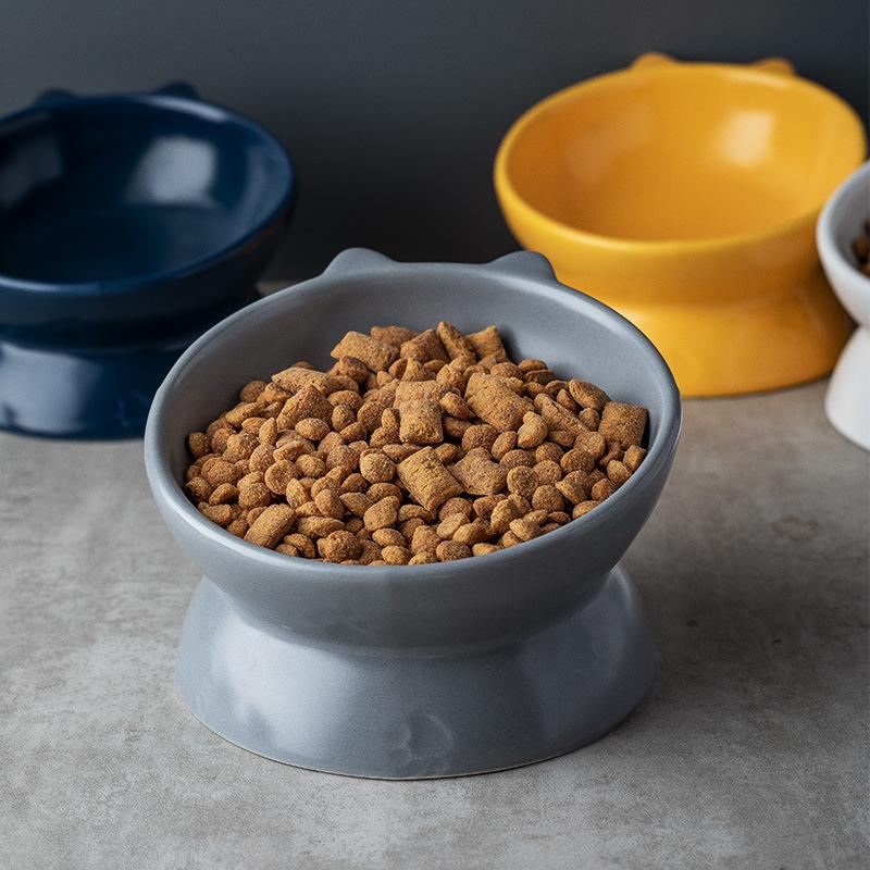 Double-Eared Slanted Ceramic Cat Bowl - Matte Glaze, Anti-Black Chin, Cervical Spine Support, Cute Design