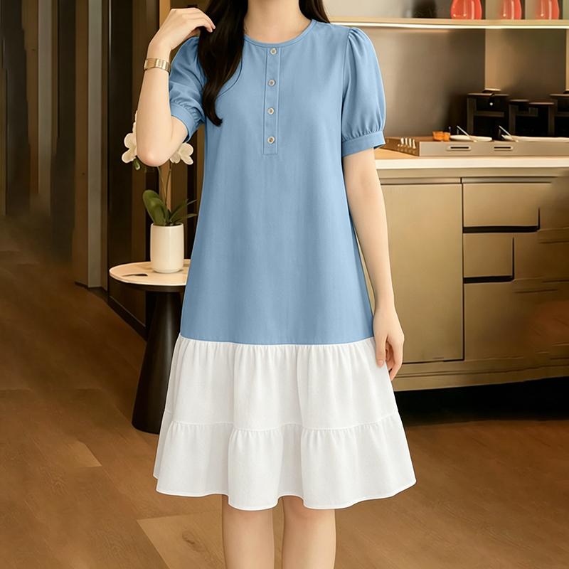ZANZEA Women Casual Round Neck Loose Short Sleeve Splice Dress S