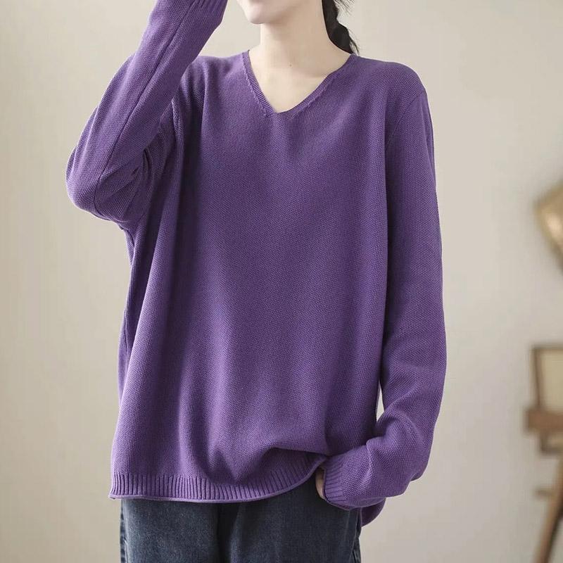 Top for Women Autumn Winter Large Size Loose Long Sleeve Knit Pullover V-Neck Loose-Fit Sweaters Top