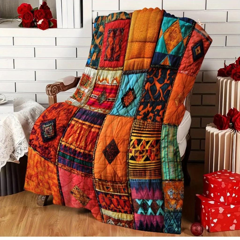 Bohemian Patchwork Flannel Blanket Vibrant Ethnic Geometric Print Cozy Soft All-Season Throw Blanket For Bed Couch & Home Decor