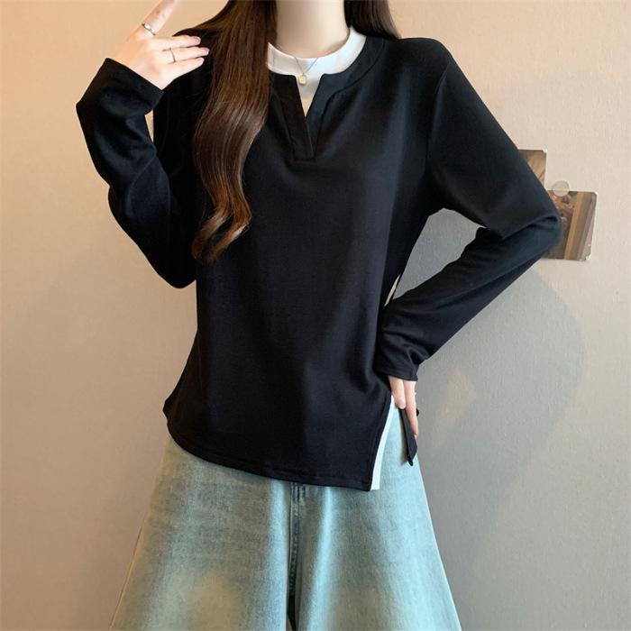 Unique Irregular Slit Color Block Long Sleeve Knitwear for Women - Plus Size Spring/Autumn 2026 M чёрный