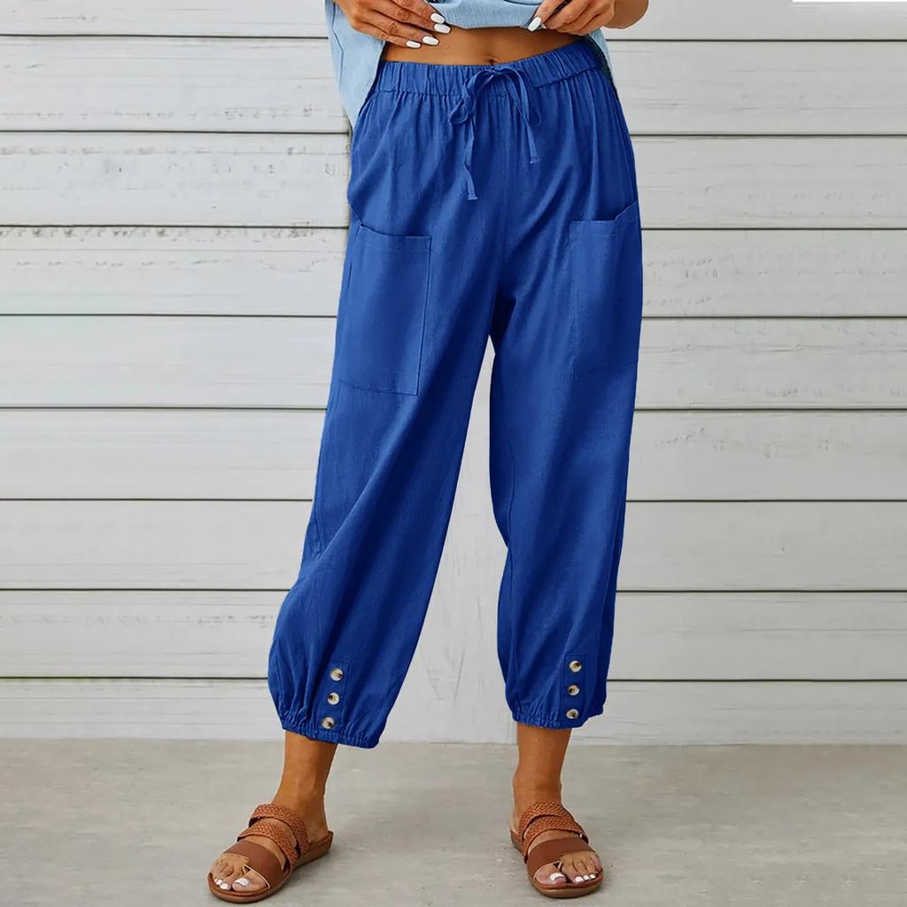 Summer Women's Cotton and Linen Pants Solid Color Wide Leg Pants Hemp Casual Trousers Oversized Elastic Waist Pocket Long Pants