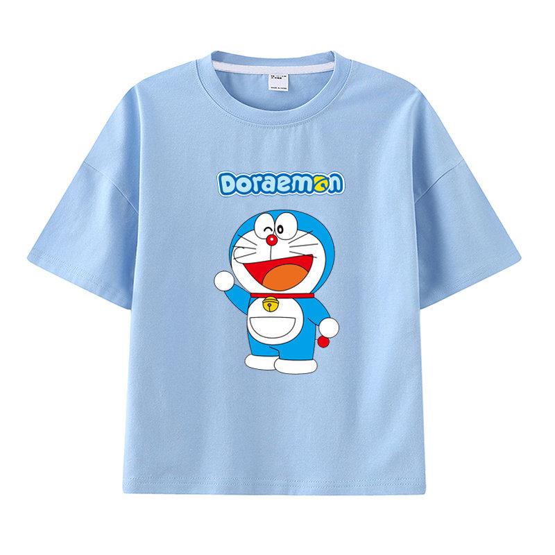 Pure Cotton Childrens Shortsleeved Tshirt for Summer Boys and Girls Halfsleeved Childrens Clothing with Doraemon Pattern