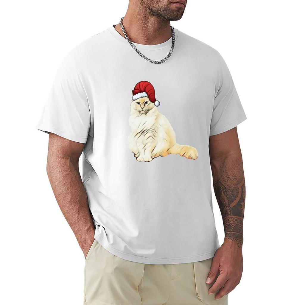 Santa Hat Cat Tshirt Casual Loose Fit Short Sleeve Tshirt