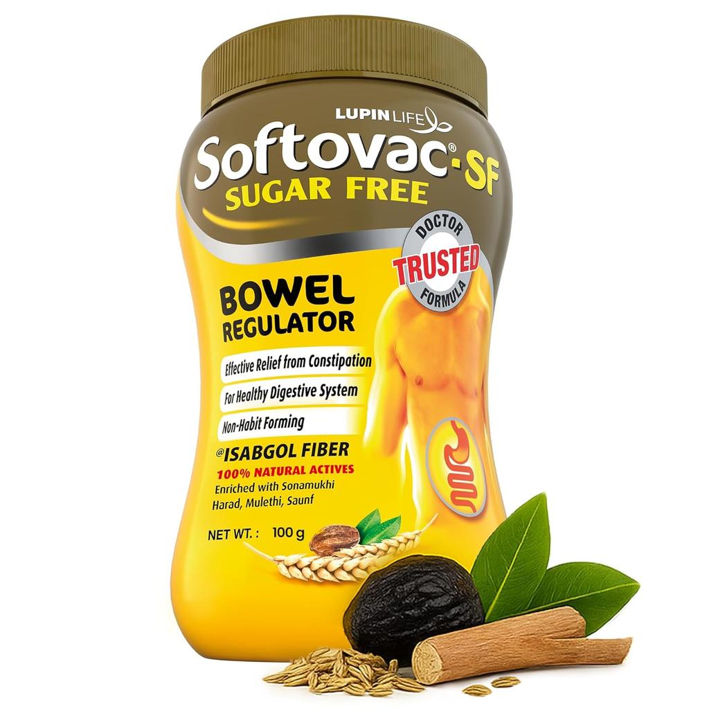 Softovac SF Isabgol Bowel Regulator Powder 100 G Pack of 1, Gentle Sugar Free Laxative for Constipation Relief, Supports Digestion and Gut Health