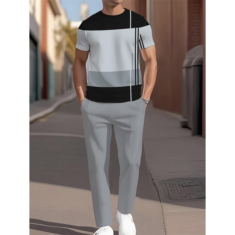 3D Navy Anchor Pattern Men's Set Summer Crew Neck Short Sleeve Shirt With Casual Trousers Two-Piece Set Casual Men's Set