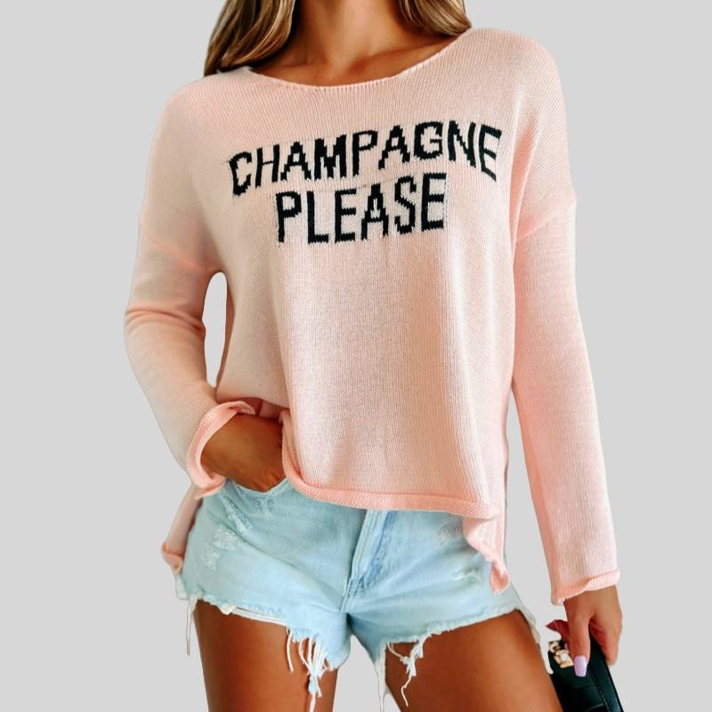 Womens Loose Fit Round Neck Knit Sweater With Letter Print Split Hem Casual Long Sleeve Top