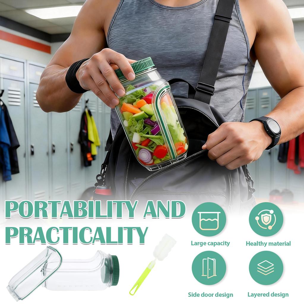 1Pc Sealed Plastic Salad Container Side Open Salad Jar Keep Fresh Salad Pod Lunch Salad Container with Cleaning Brush for Office
