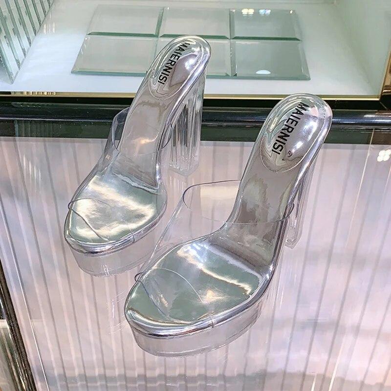 Frauen Dicke High Heels Flacher Mund Kristall Transparent Sexy Bühne Laufsteg 13 cm Absatz 3,5 cm Plattform WZ