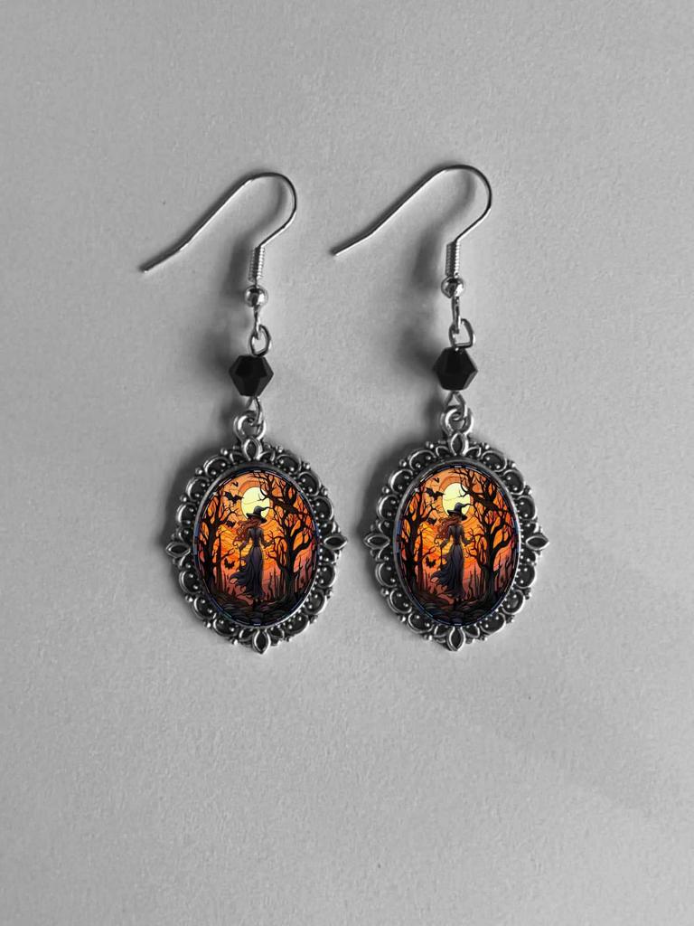 Retro Victoria Sliver Color Oval Lacework Inlay Red Crystal Glass Cat Bat Crow Cemetery Cross Dangle Earrings for Women Jewelry