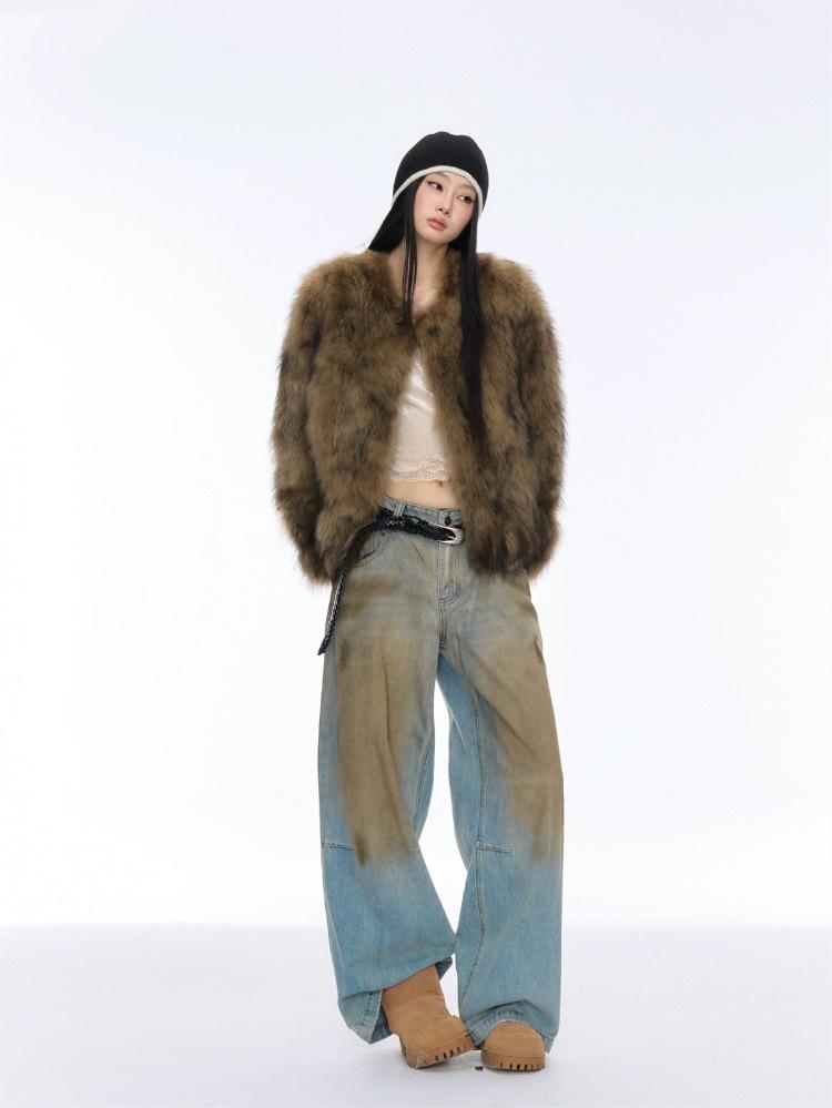 Damen Y2K Retro Weitbeinige Abgewetzte Jeans in Schmutzigem Waschblau