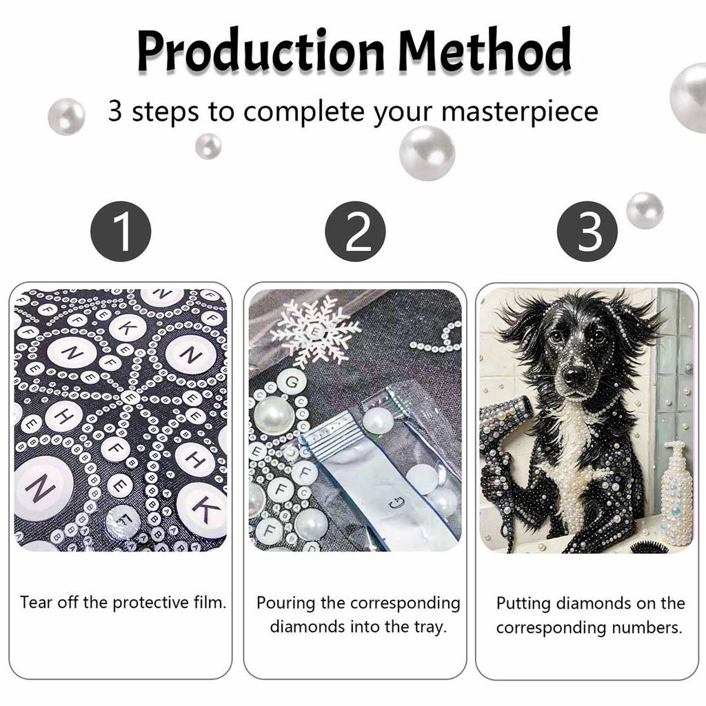 Creative DIY Framed Pearl Art Kit with Cute Dog Bathing Pattern Sparkling Bead Canvas Ready to Display Relaxing Gift for Adults Craft Decor