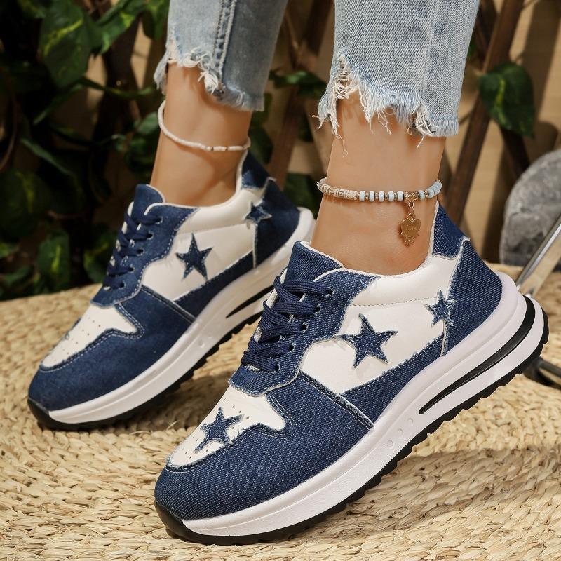 Women's Wide Width Fashion Sneakers with Star Design Breathable Casual Shoes for Fall, Comfortable Athletic Walking Shoes In Extended Sizes
