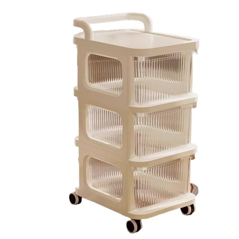 Movable Floor-Standing Baby Toy Storage Rack with Snack and Cream Style Shelves