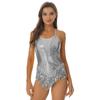Womens Latin Dance Costume Sparkling Sequins Fringed Leotard with Elegant Cross Back Bodysuit Design