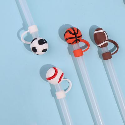 4 Stück Silikon-Strohhalmkappen, 10 mm, Sportballform, Sportflaschen-Strohhalm, Staubschutz, staubdicht, auslaufsicher, wiederverwendbar, Trinkgläser, Trinkhalm-Topper, Trinkhalm