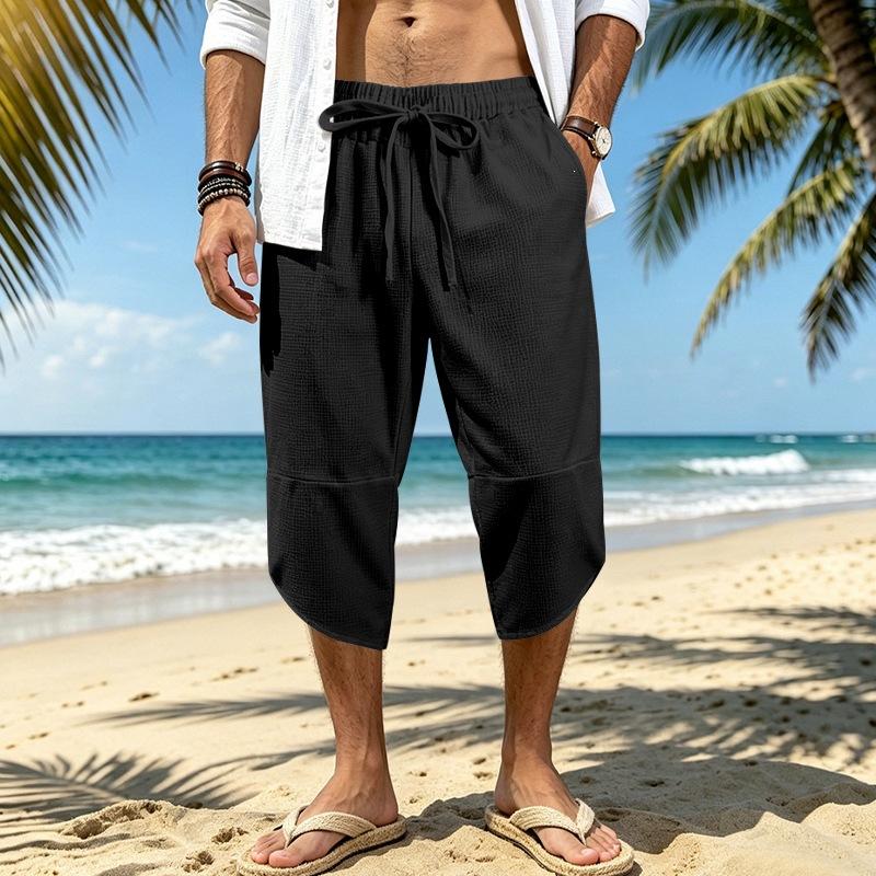 Mens Summer Beach Casual Waffle Knit Loose 3 4 Shorts